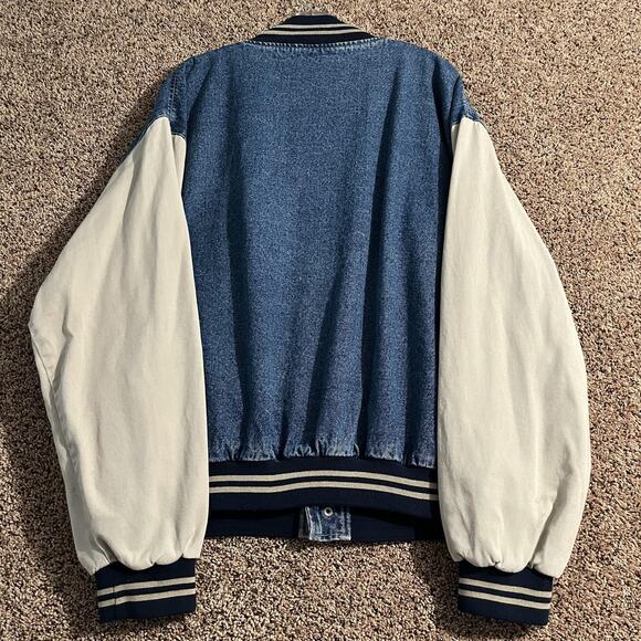 Vintage 90s Denim Varsity Jacket Mens 2XL Blue White Embroidered Car Show - Picture 2 of 11